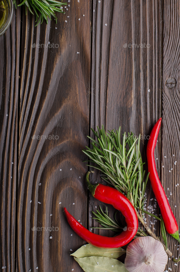 Flat lay food background made of oils condiments and spices on kitchen table. Cooking concept - Stock Photo - Images
