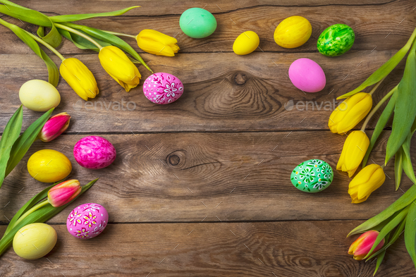 Easter Rustic Background With Floral Decorated Eggs Stock Photo By