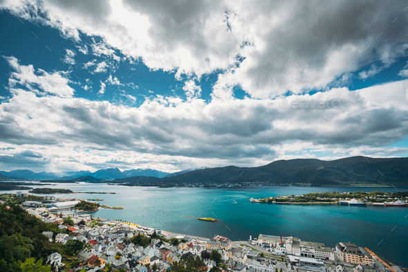 Alesund, Norway. Amazing Natural Bright Sunset Dramatic Sky In Warm Colours Above Alesund Islands - Stock Photo - Images