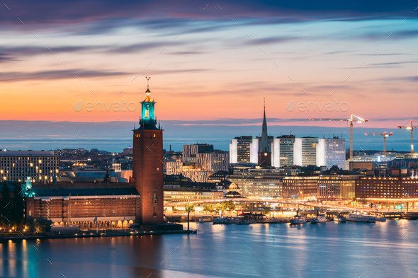 Stockholm, Sweden. Scenic Skyline View Of Famous Tower Of Stockholm City Hall And St. Clara Or Saint - Stock Photo - Images