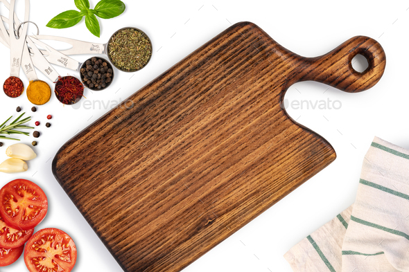 Composition with cutting board and ingredients for cooking - Stock Photo - Images