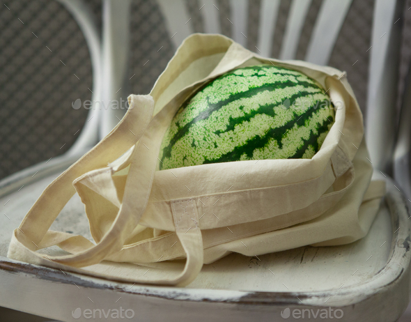 Creative watermelon in eco friendly shopping bag on chair