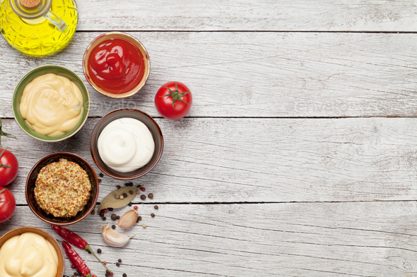 Set of various sauces. Popular sauces in bowls - Stock Photo - Images