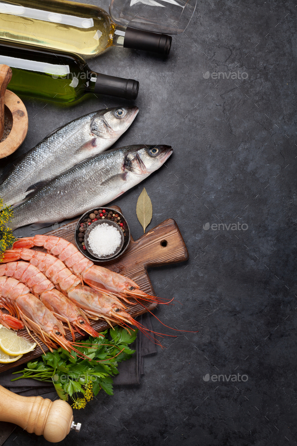 Fresh seafood. Trout fish and langostino shrimps - Stock Photo - Images