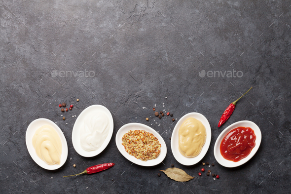 Set of various sauces. Popular sauces in bowls - Stock Photo - Images
