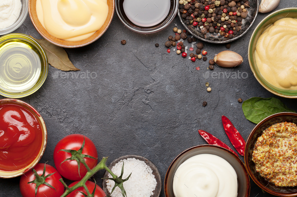 Set of various sauces. Popular sauces in bowls - Stock Photo - Images