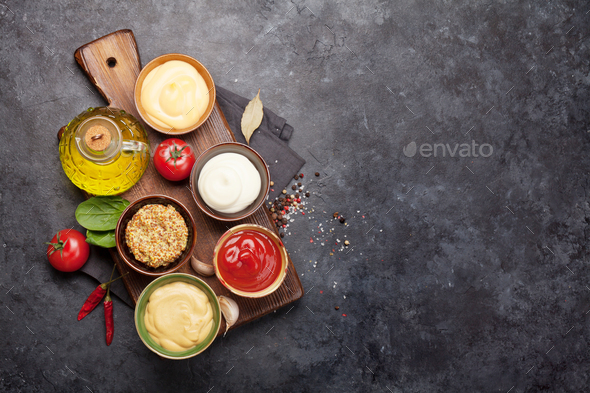 Set of various sauces. Popular sauces in bowls - Stock Photo - Images