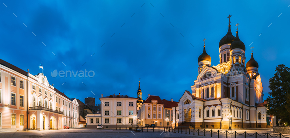 Tallinn, Estonia. Building Of Government Of Republic Of Estonia And Alexander Nevsky Cathedral. - Stock Photo - Images
