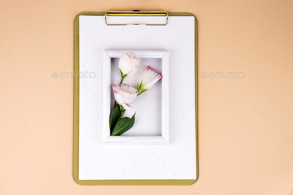 Clipboard with eustoma flower and white frame on beige paper background, flat lay. Post card mockup - Stock Photo - Images
