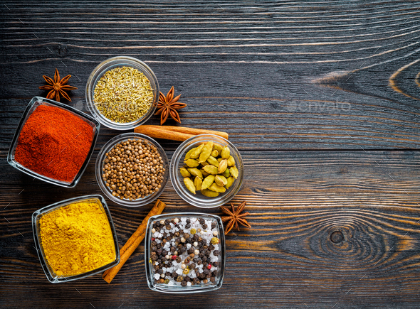 Set of spices on a dark brown - Stock Photo - Images