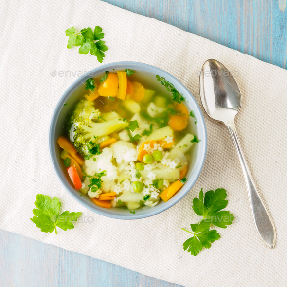 Bright spring vegetable dietary vegetarian soup - Stock Photo - Images