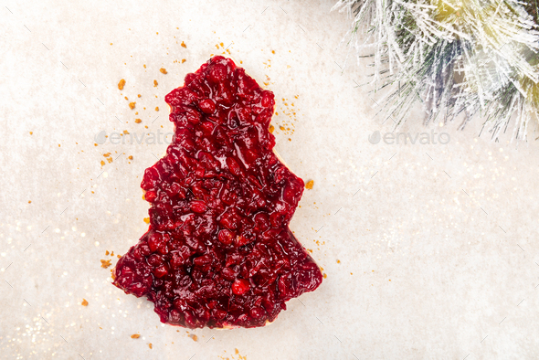 Winter Christmas Tree Cheesecake with cranberry jam - Stock Photo - Images