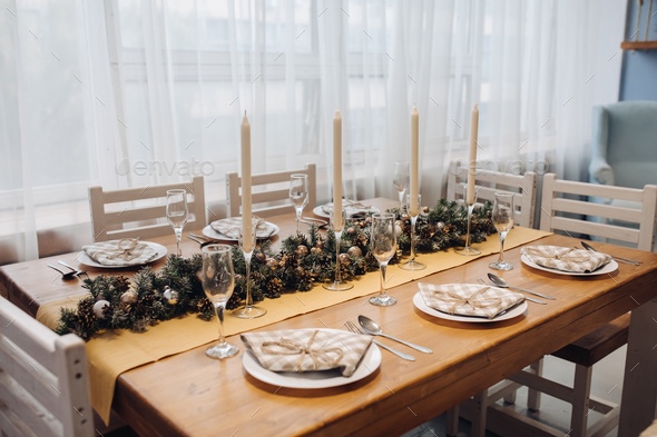 White modern kitchen decorated for Christmas and New Year - Stock Photo - Images