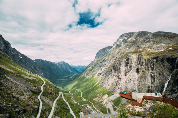 Trollstigen, Andalsnes, Norway. People Tourists Visiting Viewing Platform Near Visitor Centre - Stock Photo - Images