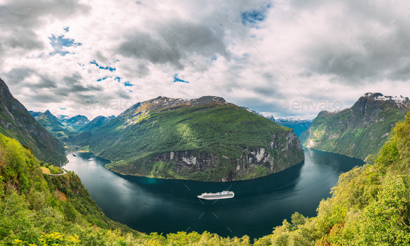 Geirangerfjord, Norway. Touristic Ship Ferry Boat Cruise Ship Liner Floating Near Geiranger In - Stock Photo - Images