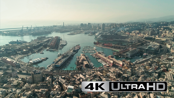 Aerial View of Boats in Genova Port (Genoa Port Center) and Town Panorama, Liguria, Italy