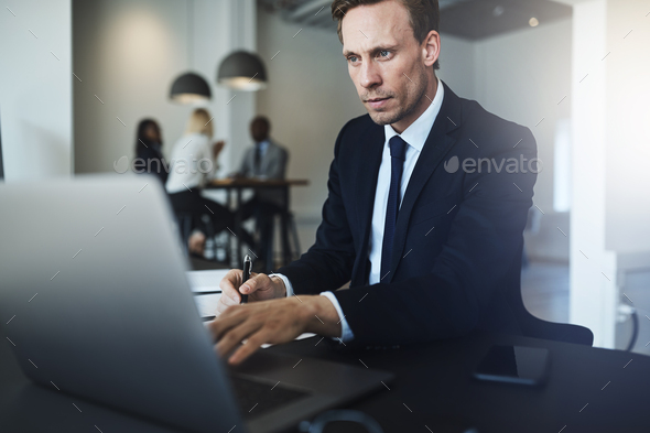 Businessman working on a laptop in his office - Stock Photo - Images
