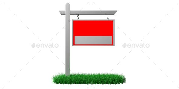 Real estate sign mockup on grass red color isolated on white, copy space. 3d illustration - Stock Photo - Images