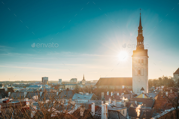 Tallinn, Estonia. Sun Shining Through Church Of St. Nicholas Niguliste Kirik. - Stock Photo - Images