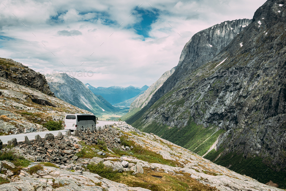 Trollstigen, Andalsnes, Norway. Bus Goes On Famous Mountain Road Trollstigen. - Stock Photo - Images