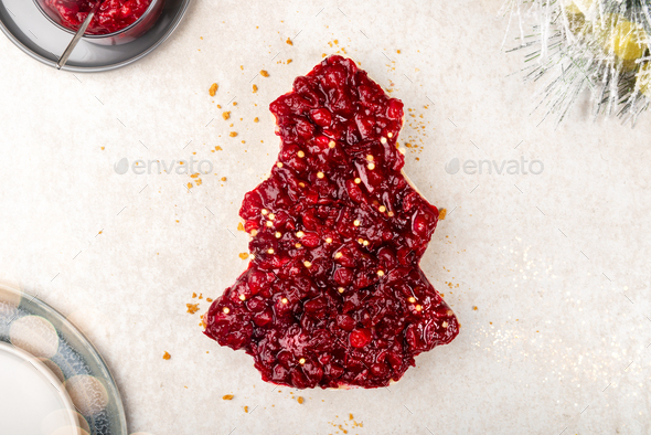 Winter Christmas Tree Cheesecake with cranberry jam - Stock Photo - Images