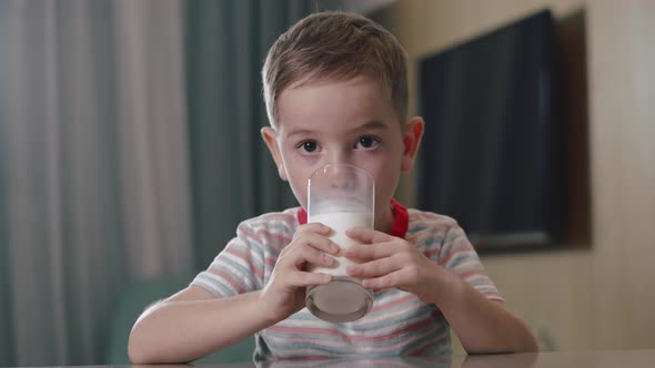 Portrait of Happy Caucasian Child Happy Little Boy Who Drinks Milk From a Glass While Sitting in the alt