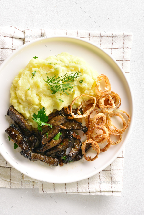 Beef liver with mashed potatoes and onion - Stock Photo - Images