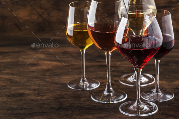 Wine set. Red, white and rose wine in assortment i - Stock Photo - Images