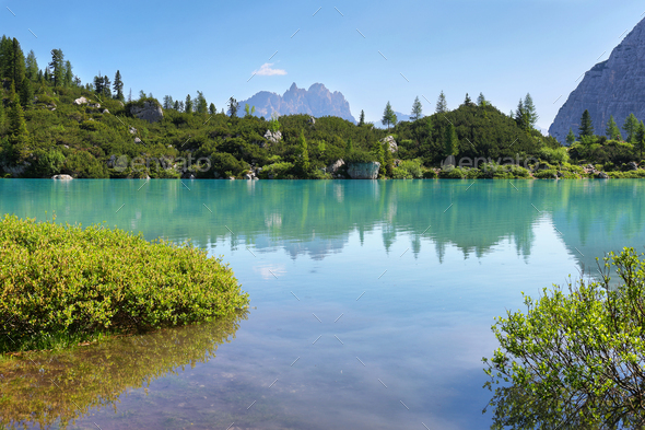 Turquoise Sorapis Lake with Dolomite Mountains, Italy, Europe - Stock Photo - Images