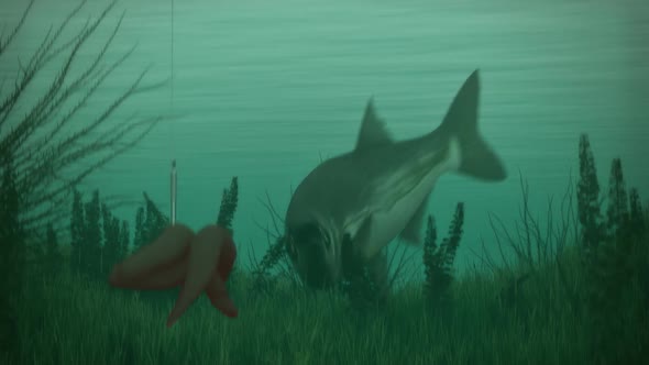 Underwater scene with the big fish swimming near the live bait on the hook. alt