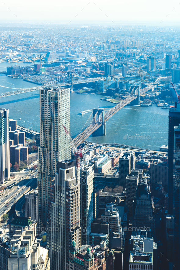 Amazing panorama view on New York City skyline and Brooklyn Bridge - Stock Photo - Images