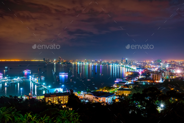 Pattaya City at night scene landmark in Thailand - Stock Photo - Images