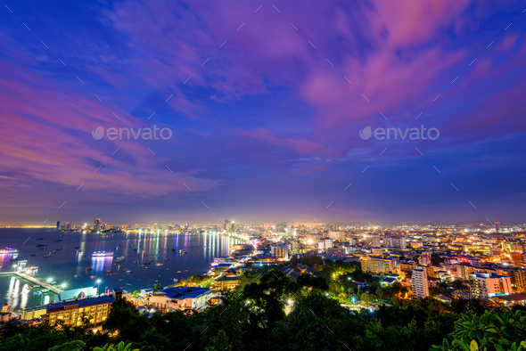 Pattaya City at night scene landmark in Thailand - Stock Photo - Images