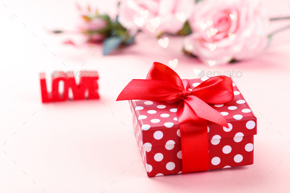 Retro style red polka dots gift box - Stock Photo - Images