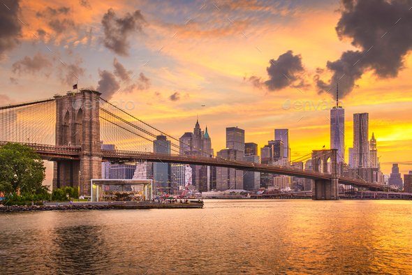 Lower Manhattan Skyline and Brooklyn Bridge - Stock Photo - Images