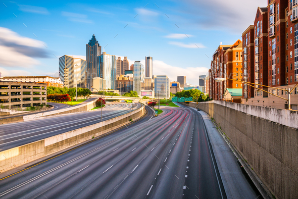 Atlanta, Georgia, USA downtown skyline over the highways at dusk - Stock Photo - Images