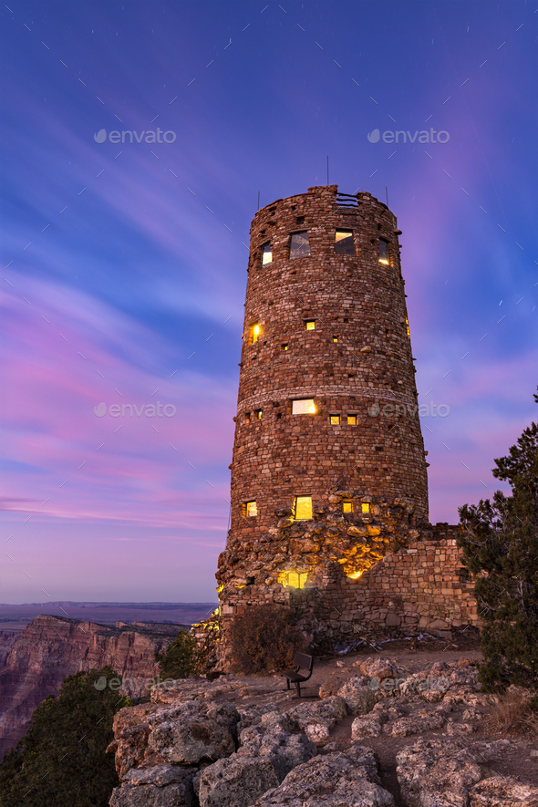 Grand Canyon Desert View Watchtower at Dusk - Stock Photo - Images