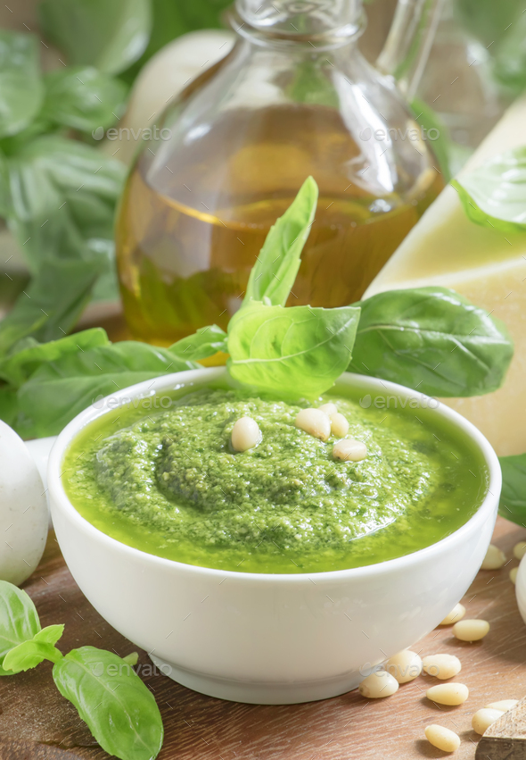 Italian Pesto sauce with green basil - Stock Photo - Images