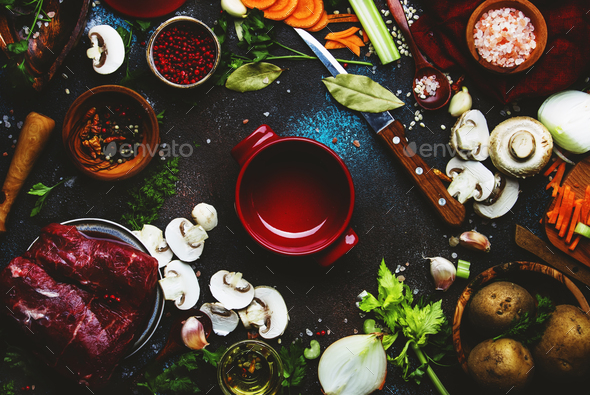 Fresh organic vegetables, ingredients, spices and meat - Stock Photo - Images