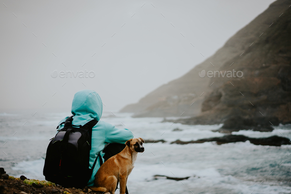 Man with a dog in front of rural coastline landscape with mountains in a fog and ocean waves hitting - Stock Photo - Images