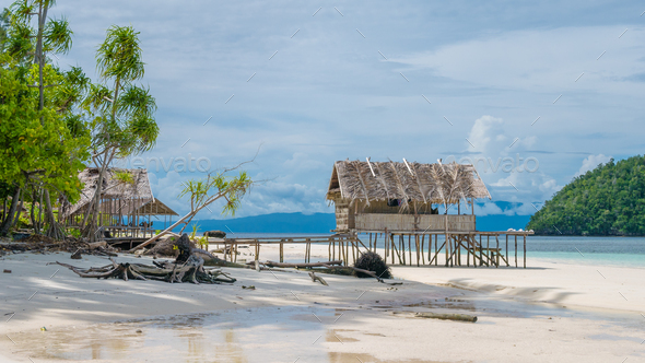 Water Hut of Homestay on Kri Island. Raja Ampat, Indonesia, West Papua - Stock Photo - Images