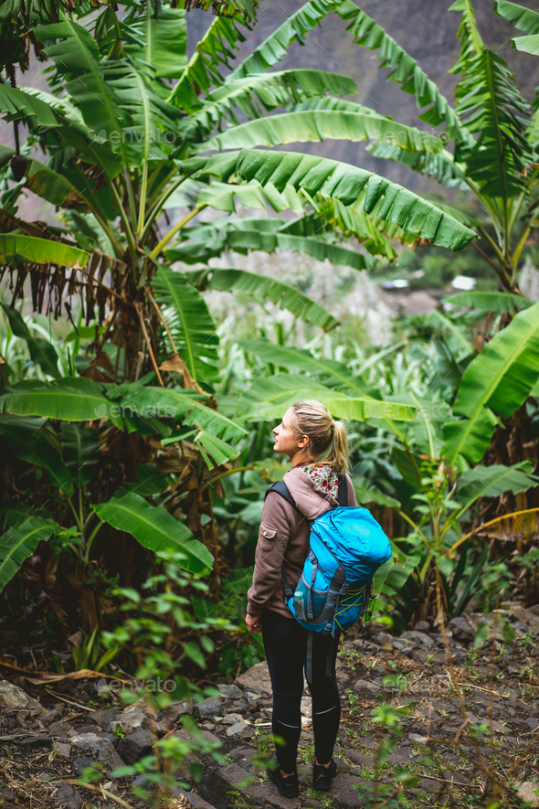 Blond young women with blue backpack admire banana plantation on the trekking route to paul valley - Stock Photo - Images