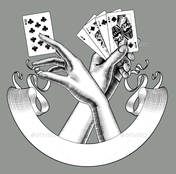 Hands with Playing Cards and Ribbon Banner