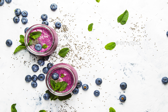 Purple smoothie with blueberries, chia seeds - Stock Photo - Images