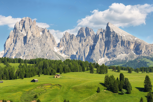 Sassolungo and Sassopiatto mountains from Alpe di Siusi or Seiser Alm, Dolomites Alps , Italy - Stock Photo - Images