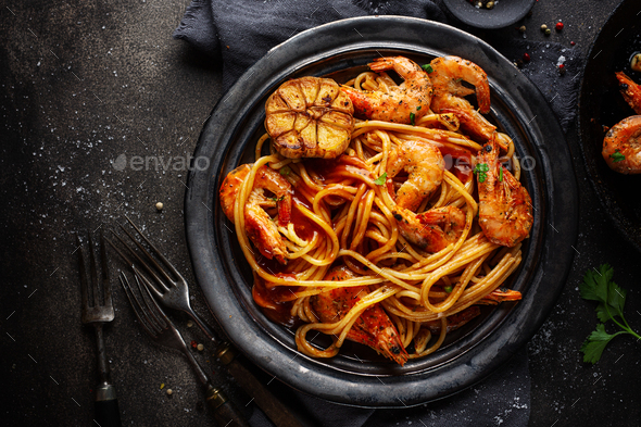 Pasta spaghetti with shrimps and sauce - Stock Photo - Images