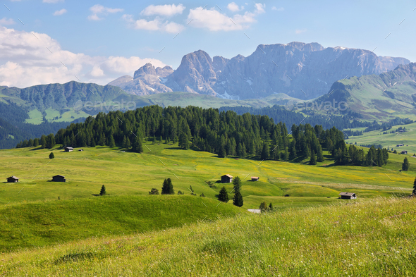 Mountain views from Alpe di Siusi or Seiser Alm, Dolomites Alps , Italy - Stock Photo - Images