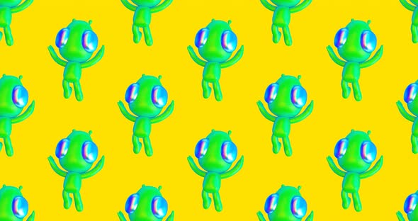 4k motion design. 3d animation seamless pattern. Funny alien in abstract space