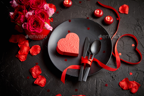Valentines day, table setting and romantic dinner concept - Stock Photo - Images