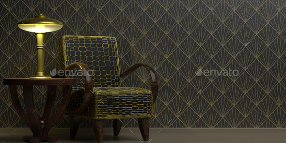 Art Deco style decoration, home interior. Classic vintage furniture on wallpaper  background black Stock Photo by rawf8
